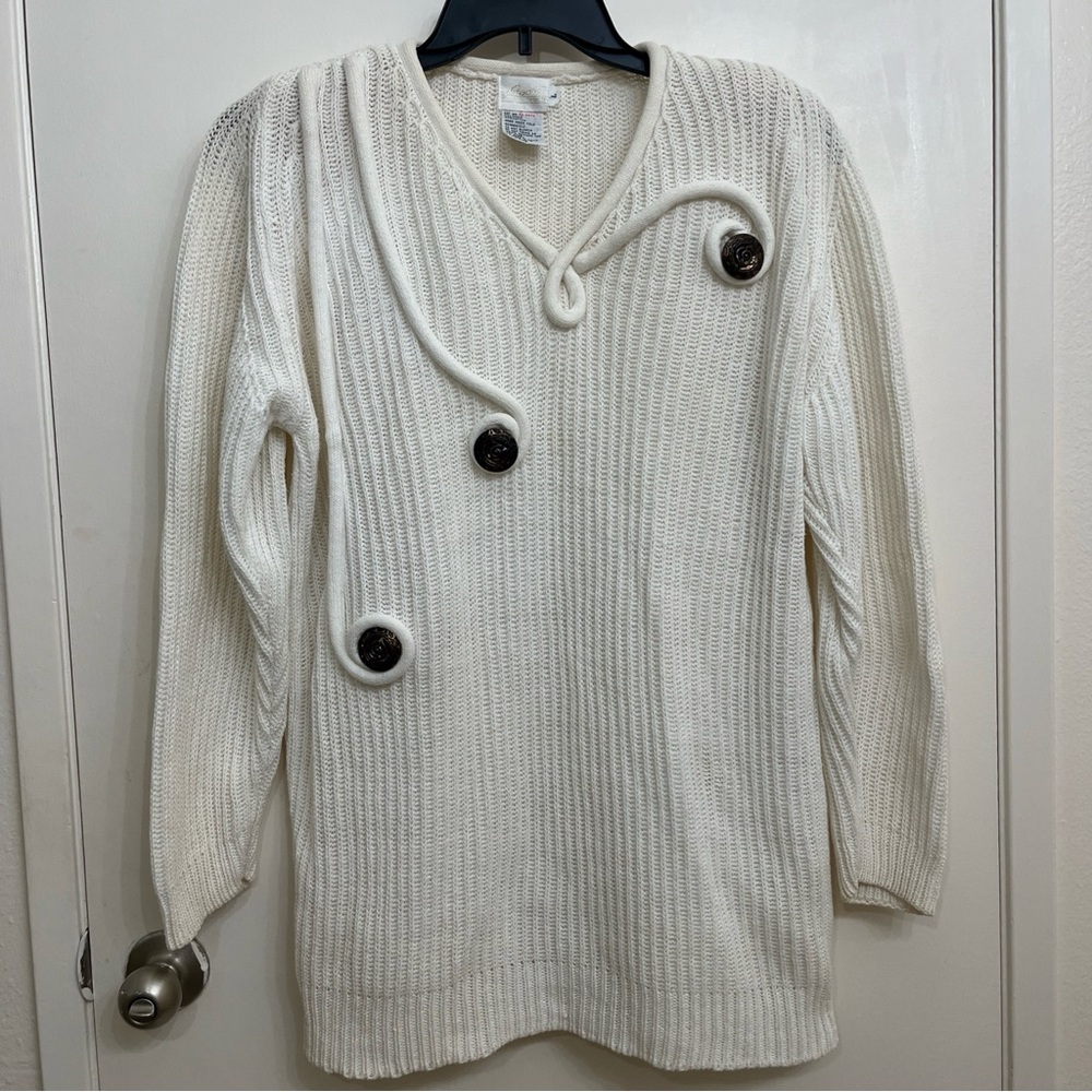 Apart Fashion Chic Cream V-Neck Women Sweater w/ Button Details Sz Large Preppy